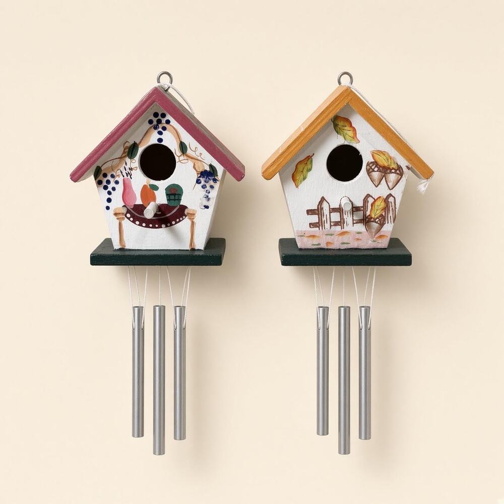 Two Wooden Birdhouse Wind Chimes Sunflower Fruit Painted Metal Tubes